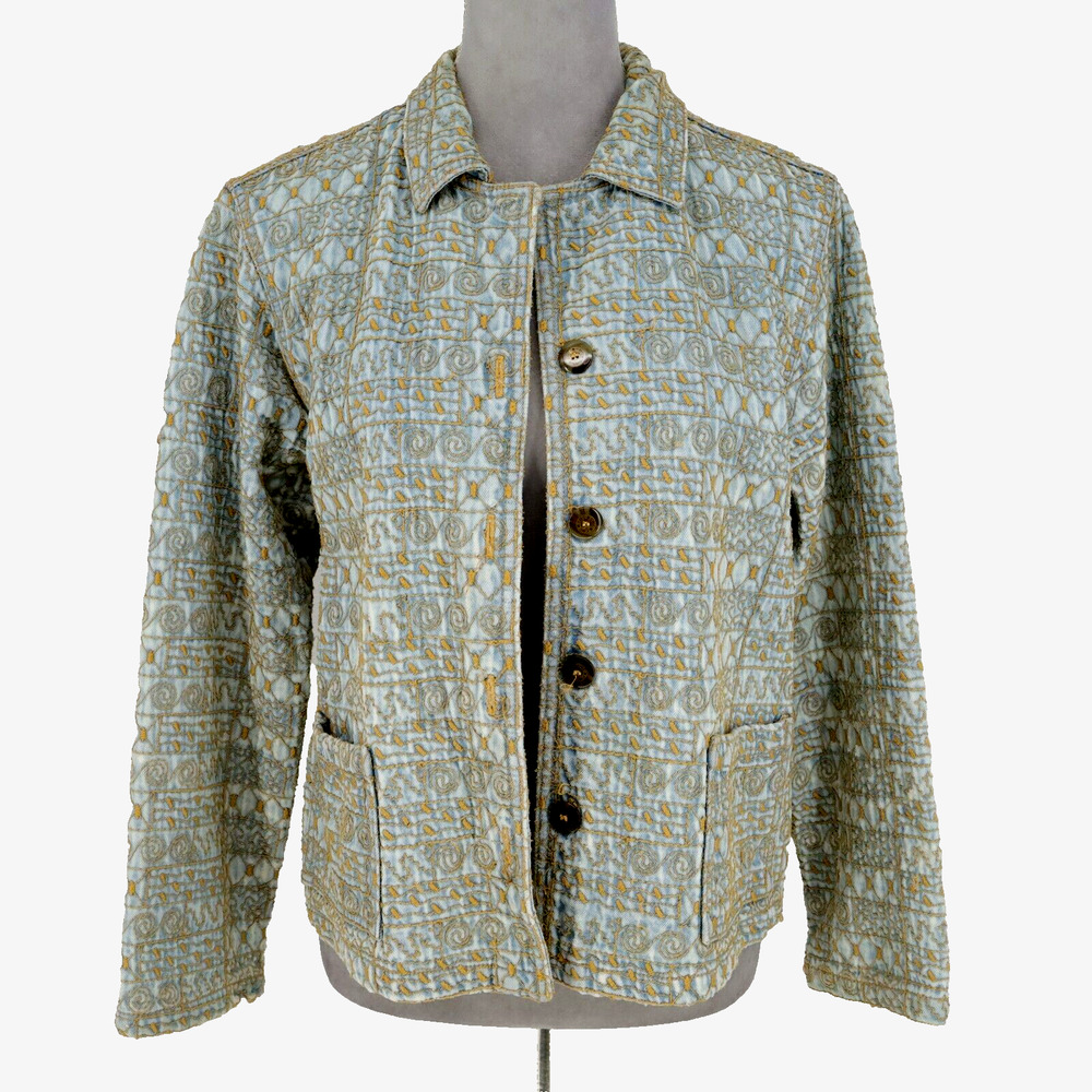 Click by Color Me Cotton Jacket Womens Medium Blue Denim Gold Embroidery Flaws